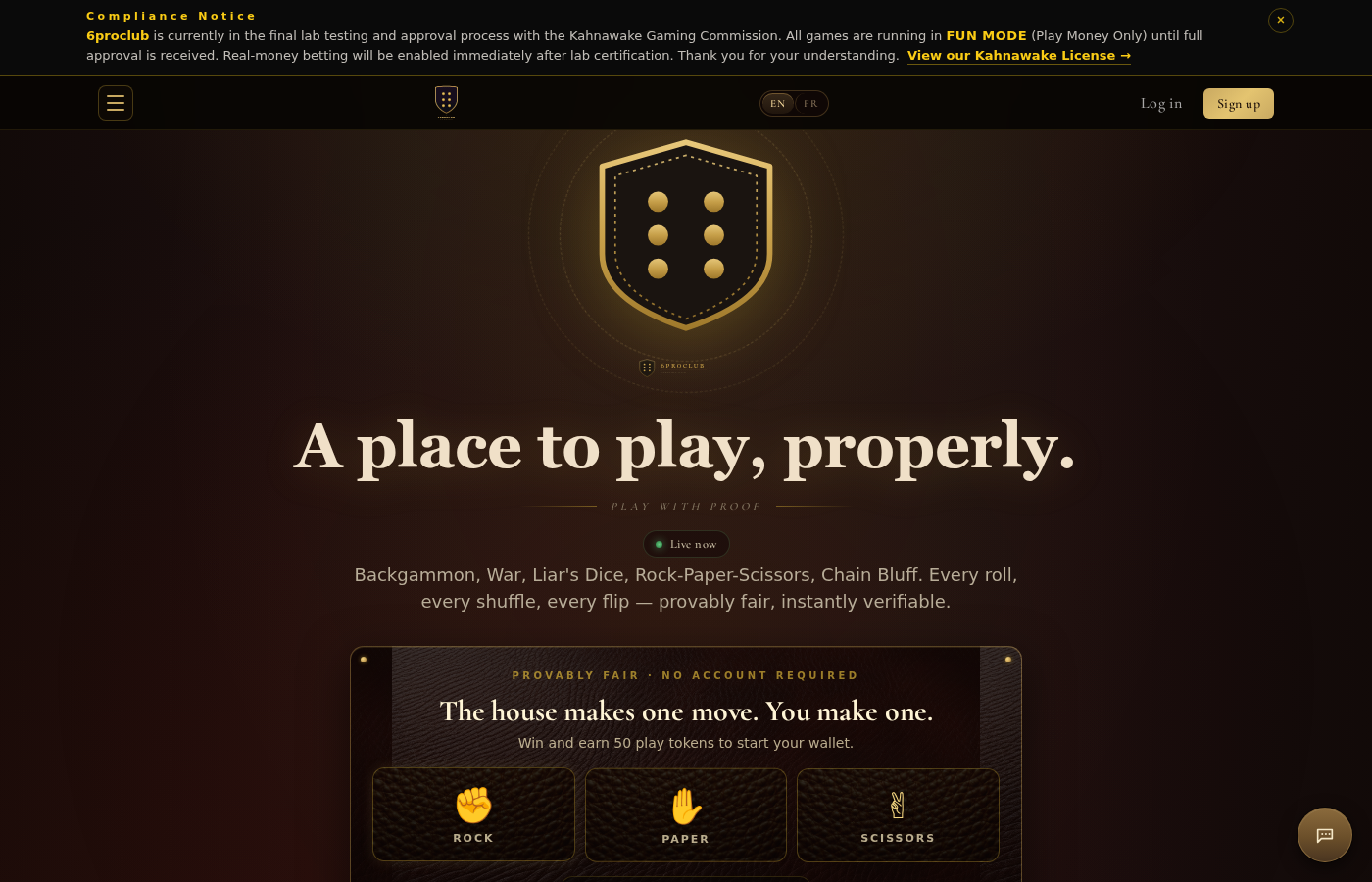6proclub homepage — provably fair gaming platform